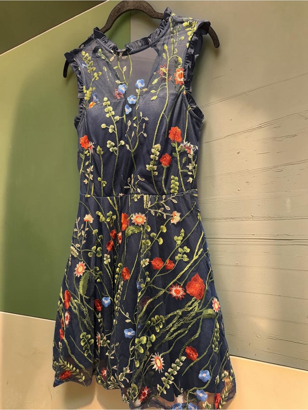 City Studio Floral Embroidered Mesh Dress Sz 5 Navy Wildflower